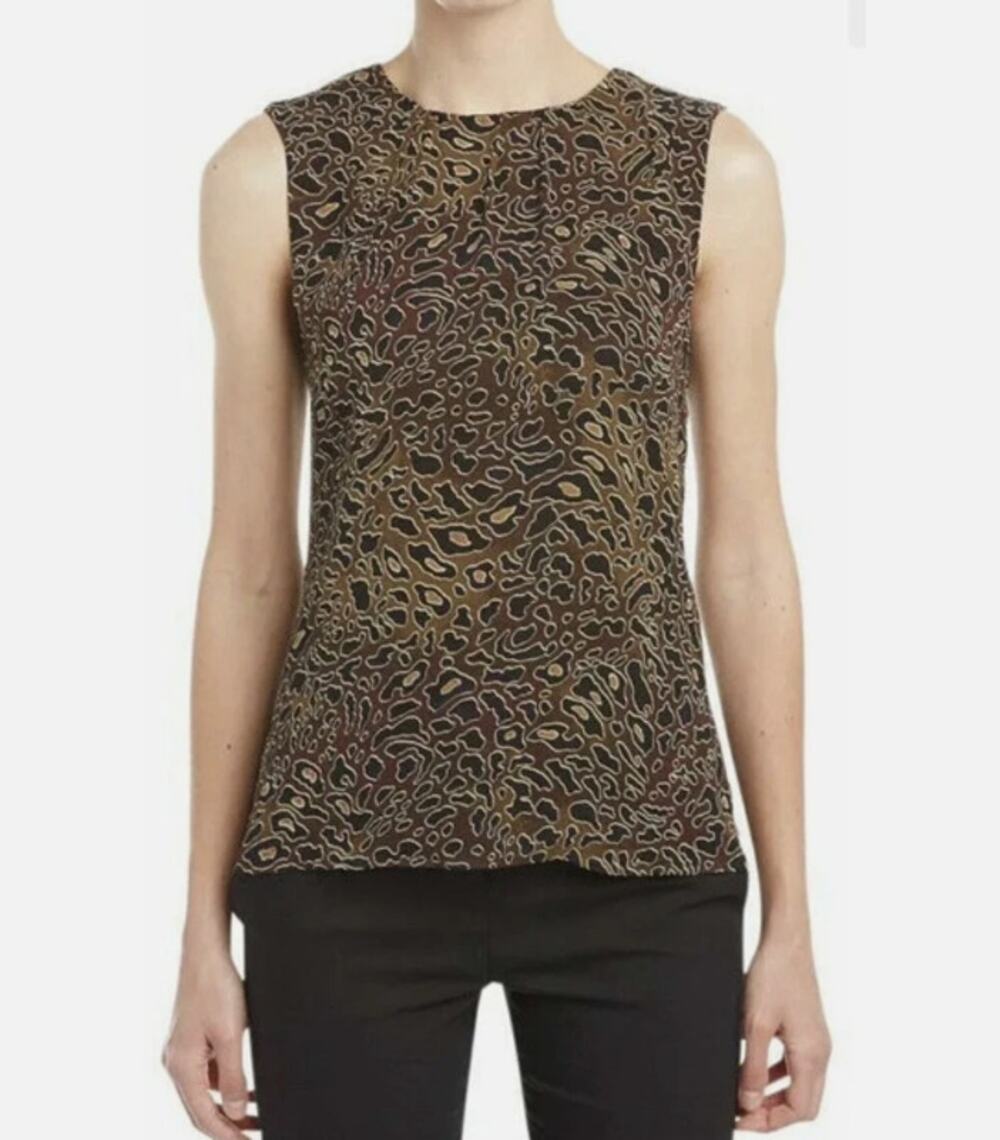 Tory Burch 4 Silk Tanya Shell Tank Top Abstract Brown Animal Print Luxury